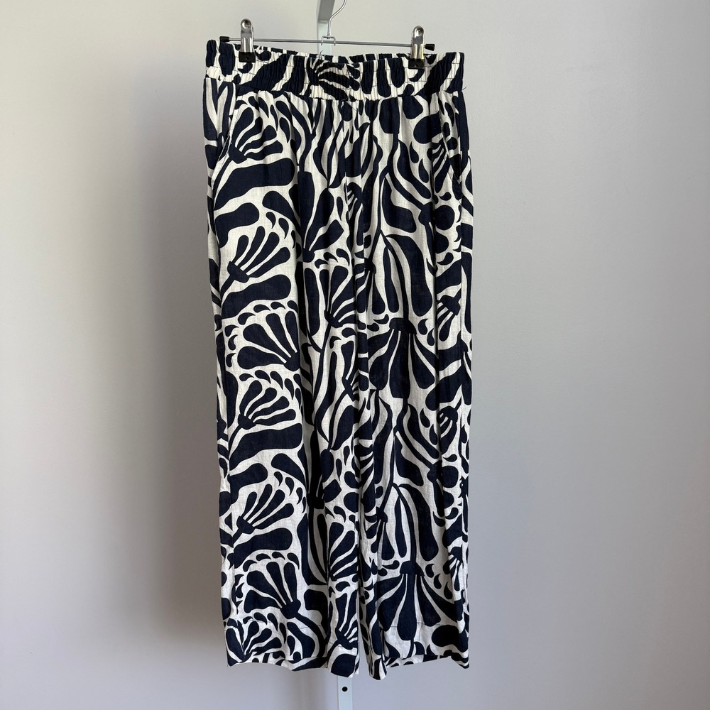 Christian Siriano Linen Coastal Beachy Boho Floral Wide‎ Leg Pants M Black